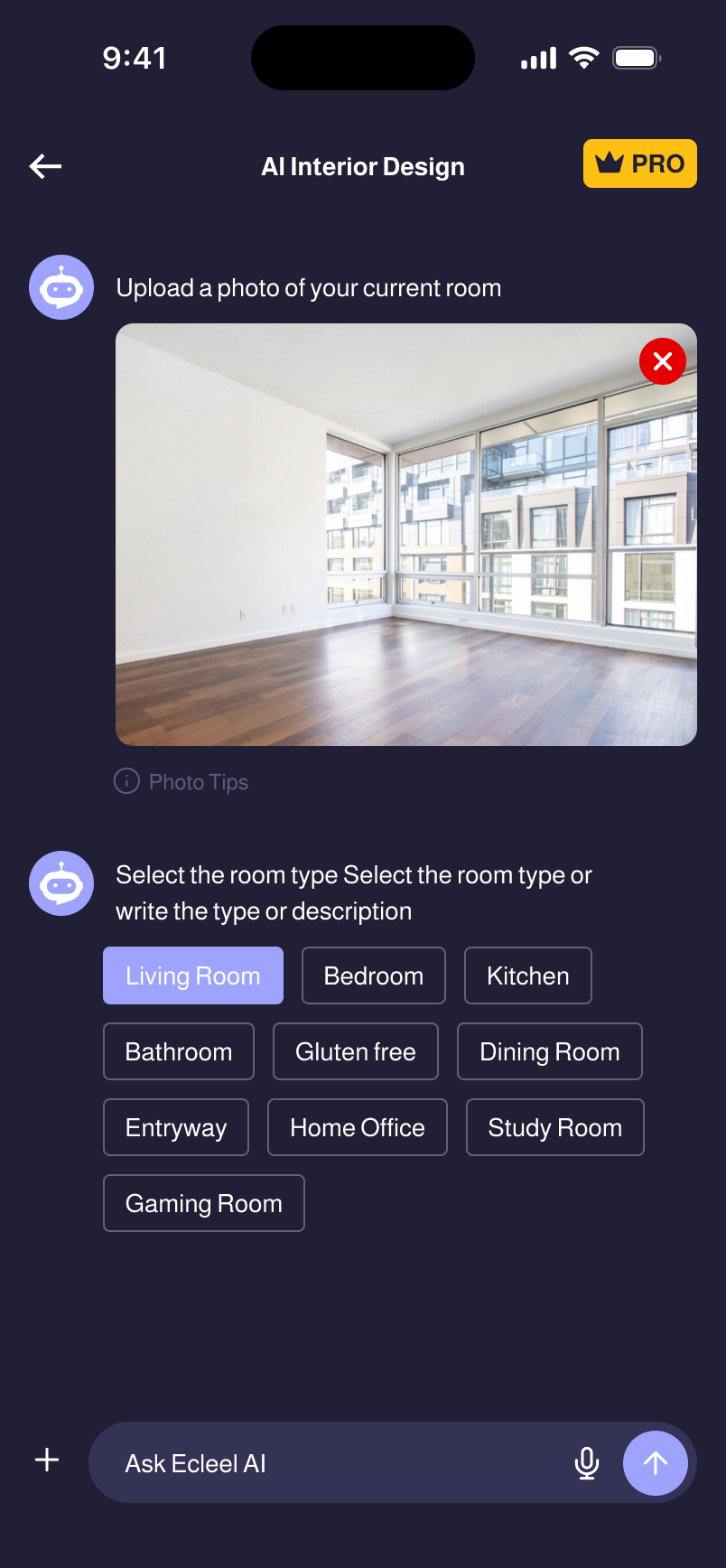 Ecleel app — AI Interior Design screen