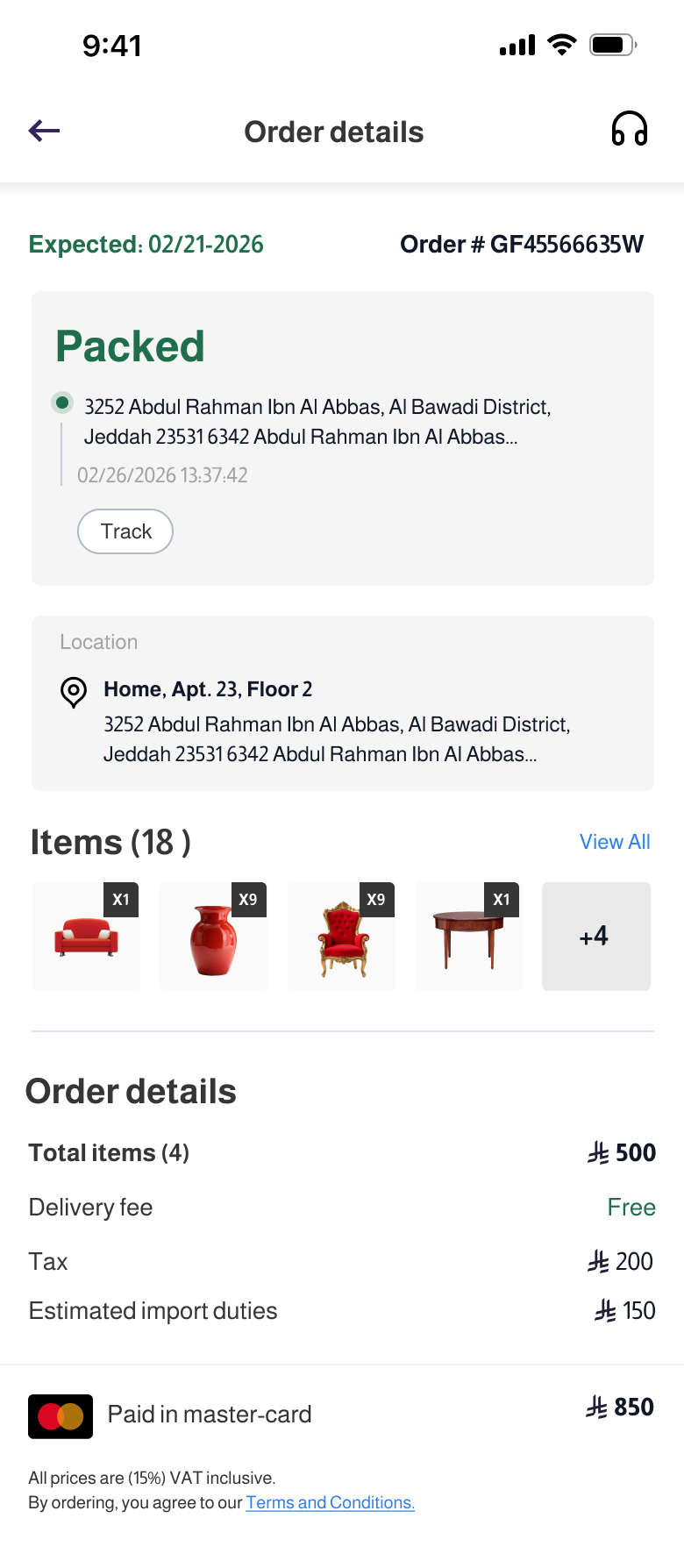Ecleel app — order details with delivery status and items