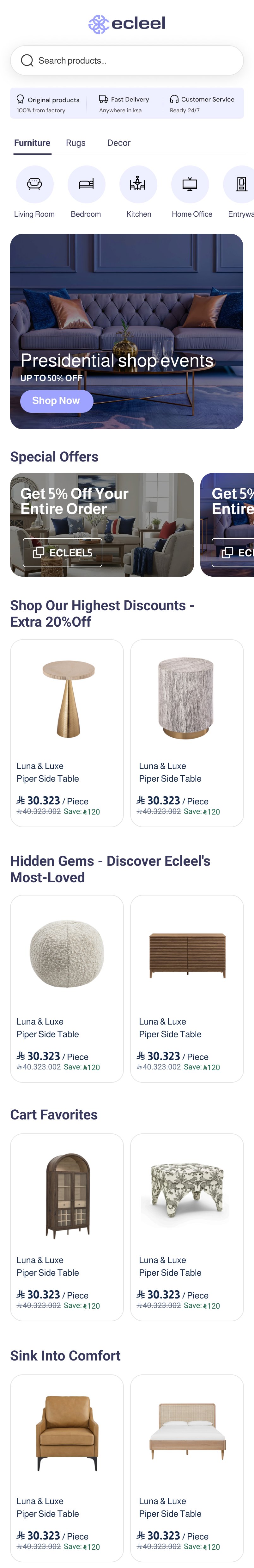 Ecleel app store with furniture offers and products