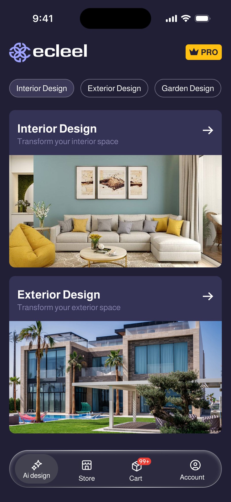 Ecleel app home screen with Interior, Exterior and Garden Design