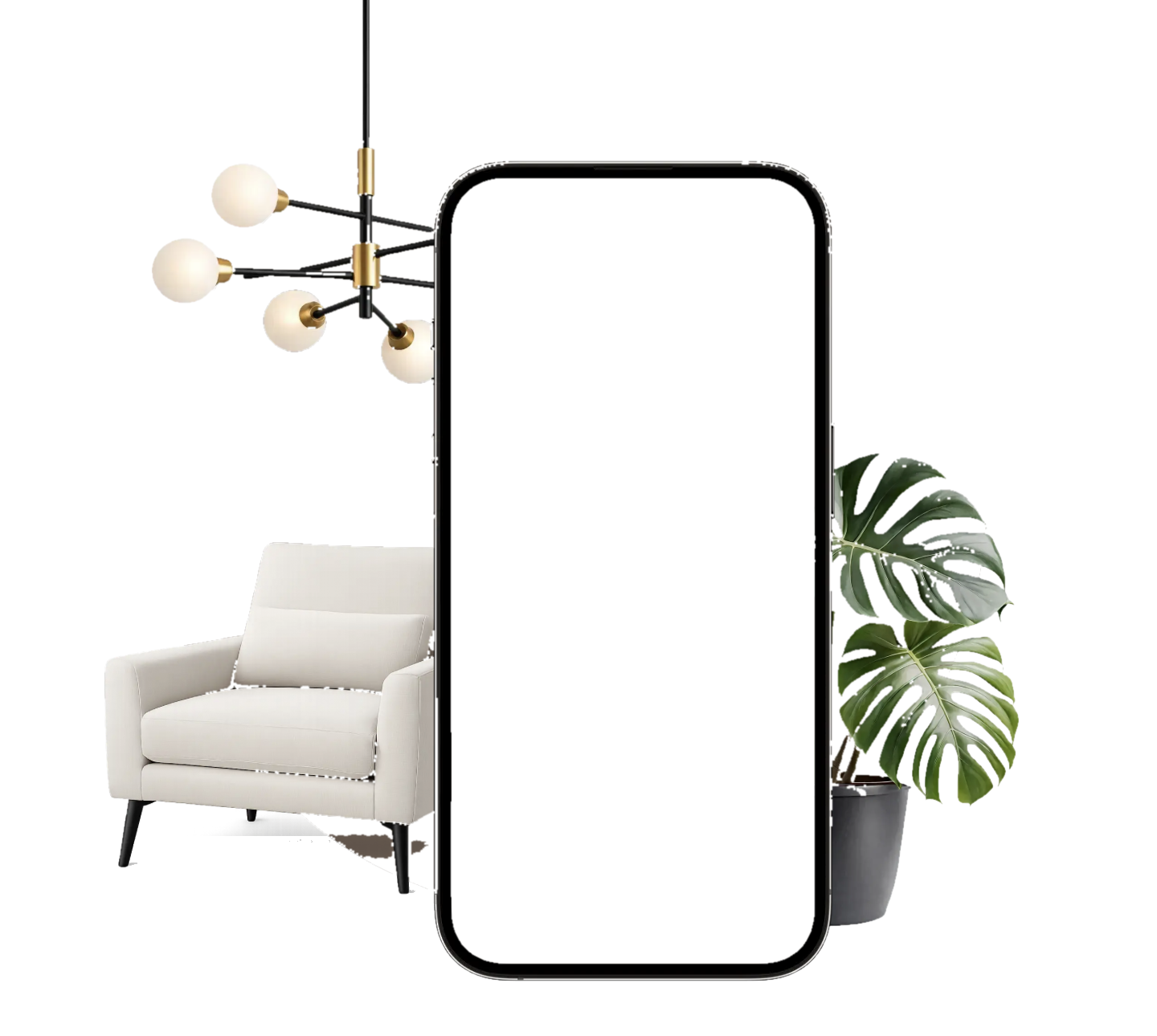 Phone showing the Ecleel app, surrounded by a chandelier, an armchair and a plant