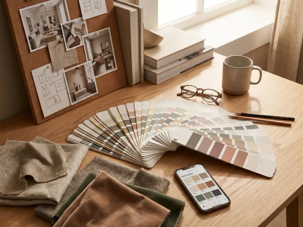 Mood board with paint swatches and fabric samples